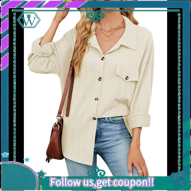 

A09P Womens Cable Knit Light-Weight Shacket Button Down Shirts Long Sleeve Casual Oversized Blouses Tops
