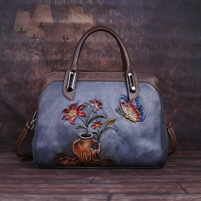 New first layer cowhide shoulder bag Chinese style retro flower handbag distressed finish crossbody bag for beautiful colors