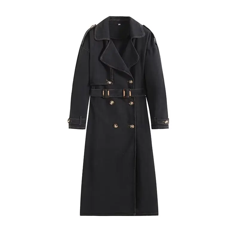 Notched Collar Denim Trench Coats with Belt Slim Double Breasted Long Outerwears Loose Black Solid 2026 Spring New Women‘s Cloth