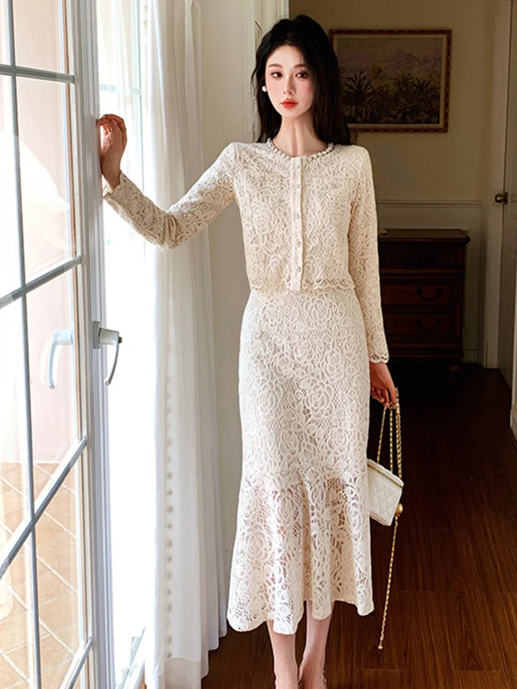 

New Arrival Women Retro Lace 2 Pieces Set Spring Elegant O-Neck Short Tops Shirt Blouse And High Waist Midi Skirt Formal Outfits