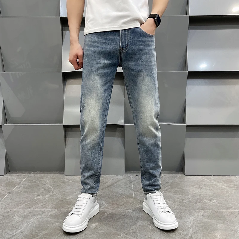 2024New Summer Thin Menswear Light Blue Jeans Men's High-End Simple Casual Stretch Slim Straight Pants