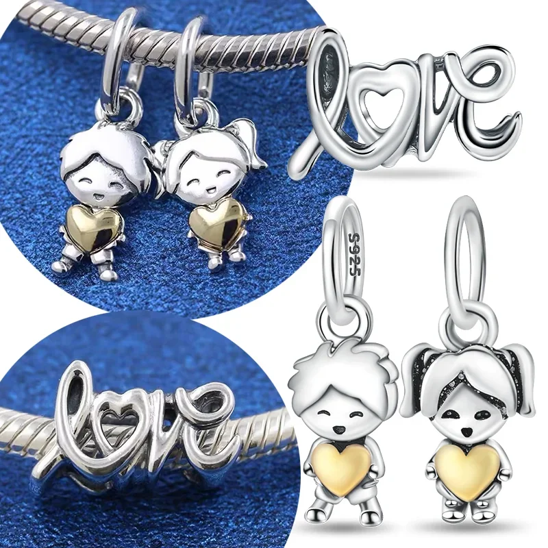 925 Silver New Couple Series Love Boy&Girl Dangle Charms Heart Beads Fit Original Bracelet for Women Diy Fine Jewelry Gift
