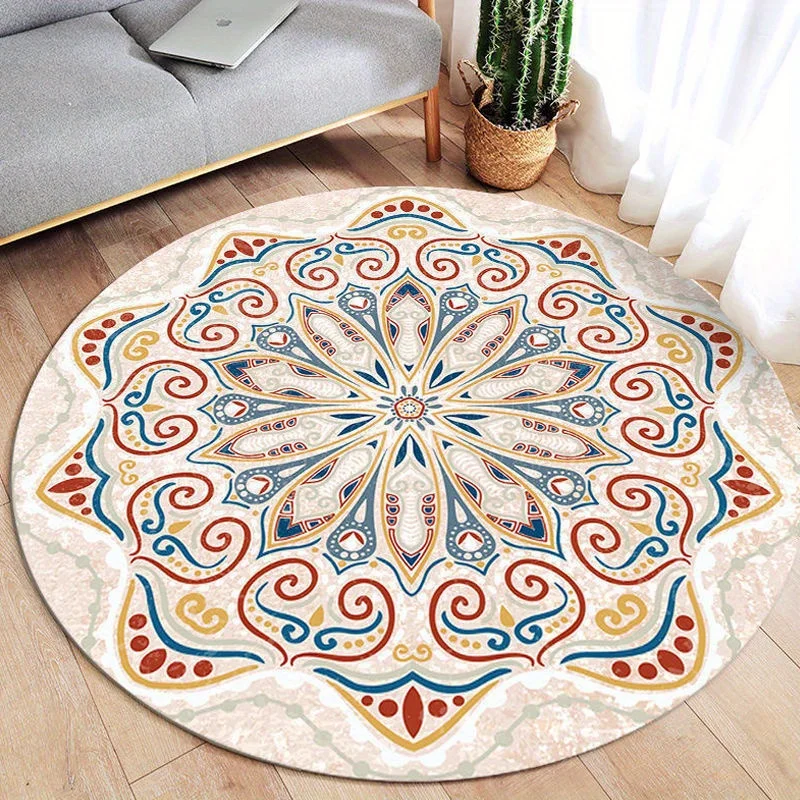 Bright Multi Color Peony Flower Circular Area Rug  Watercolor Blossom Print Anti Slip Round Computer Chair Mat