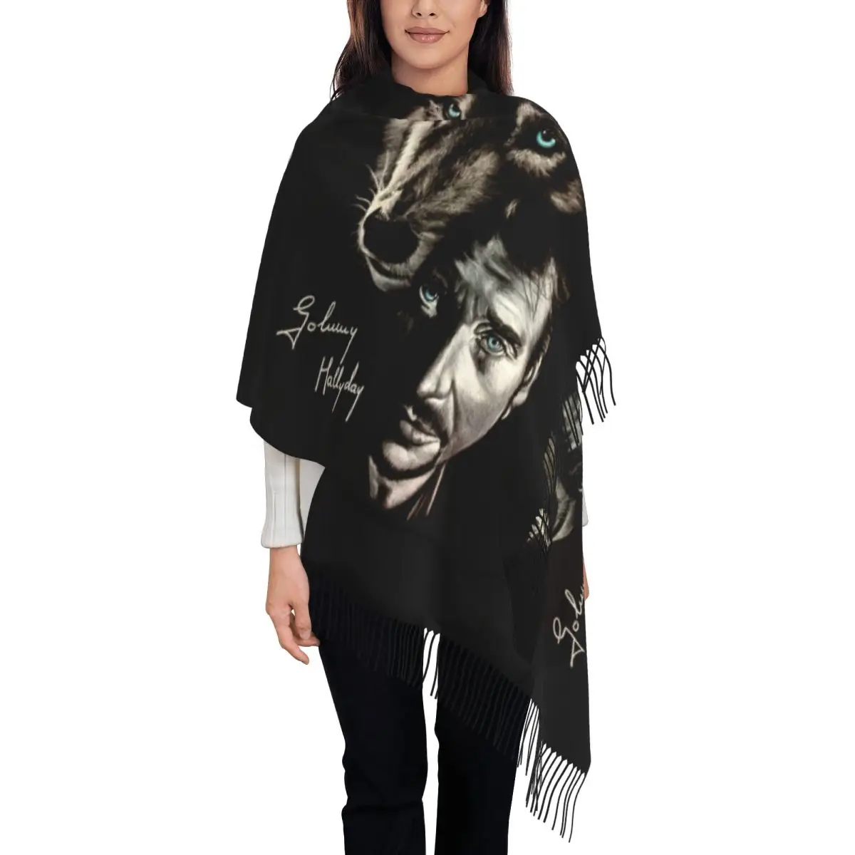 Customized Printed Johnny Hallyday And Wolf Scarf Men Women Winter Warm Scarves France Singer Rock Star Shawl Wrap