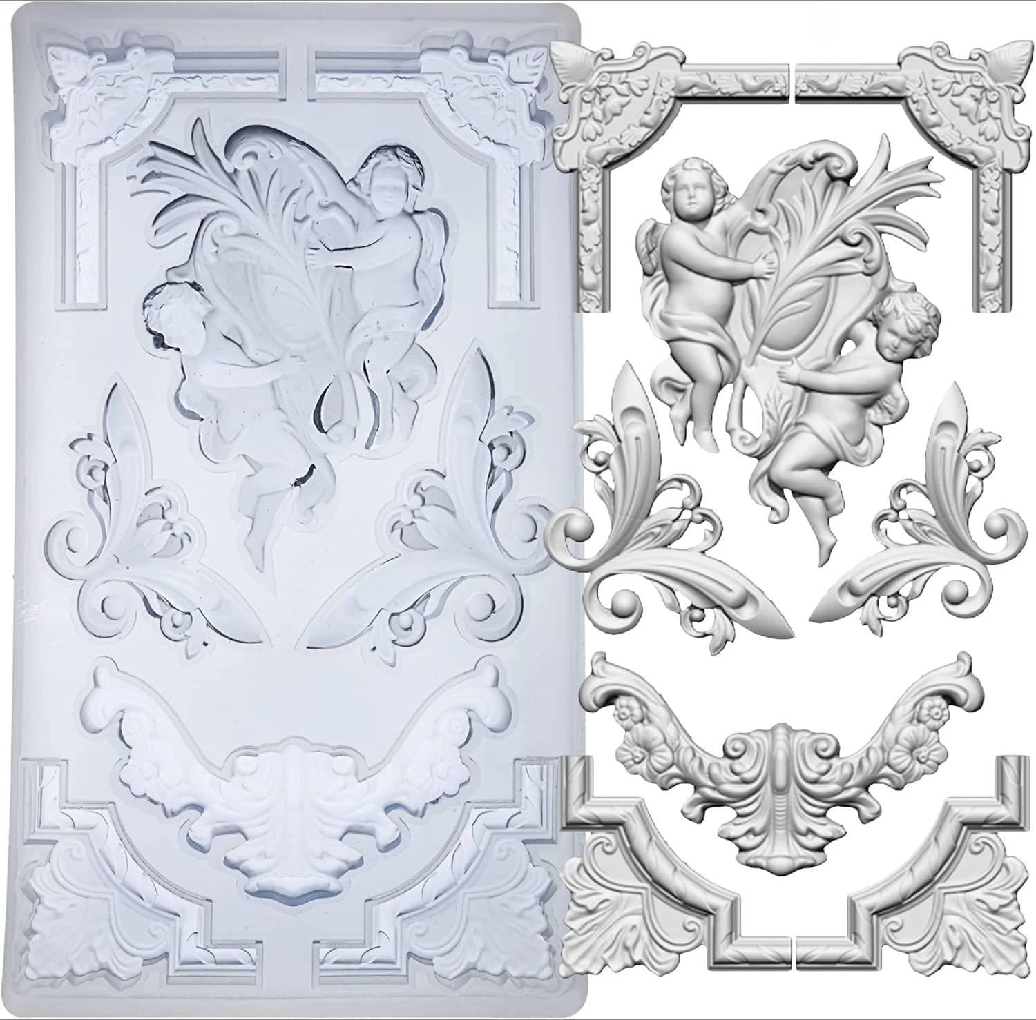 

Baroque Relief Embossed Art Silicone Mold Cupid Frame for Polyclay Air Dry Clay Plaster, Decorative Column and Sculpture Statue