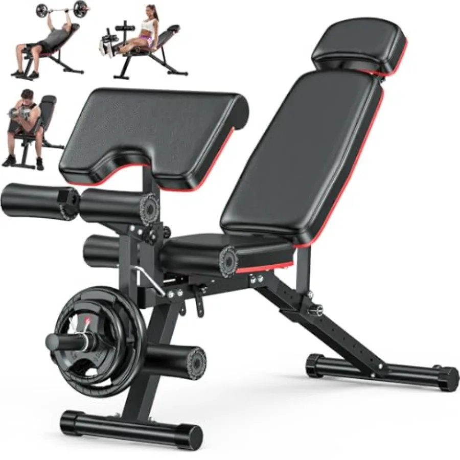 Home Gym Adjustable Workout Bench with Leg Extension Curl Extended Headrest 900LBS Ccity Incline/Decline/Flat Preacher Curl Ben