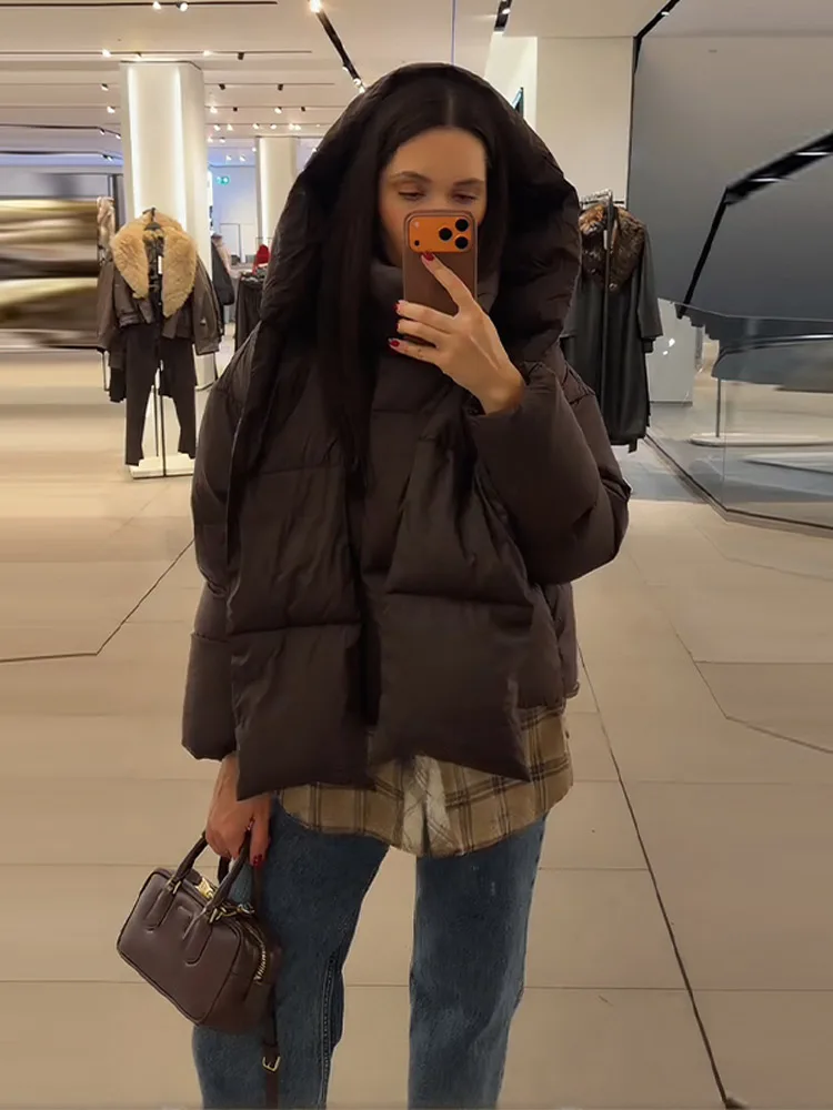 

Vintage Detachable Hooded Padded Coat Women Casual Puffy High Neck Cotton Down Coats Female 2025 Winter Chic Street Outerwear