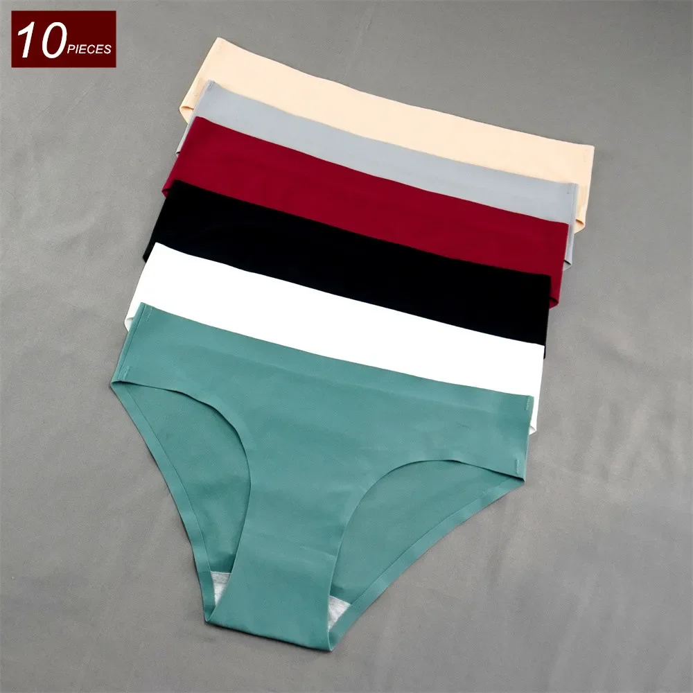 10 Pcs/set Plus Size Breathable Ice Silk Boxer Briefs for Women Seamless Panties Set Solid Color Underwear Free Shipping
