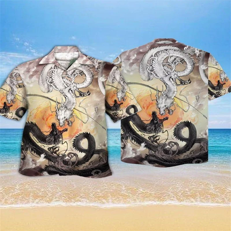 

Bold and stunning style black and white dragon and tiger fighting print Cuban collar Hawaiian short sleeved shirt black and whit