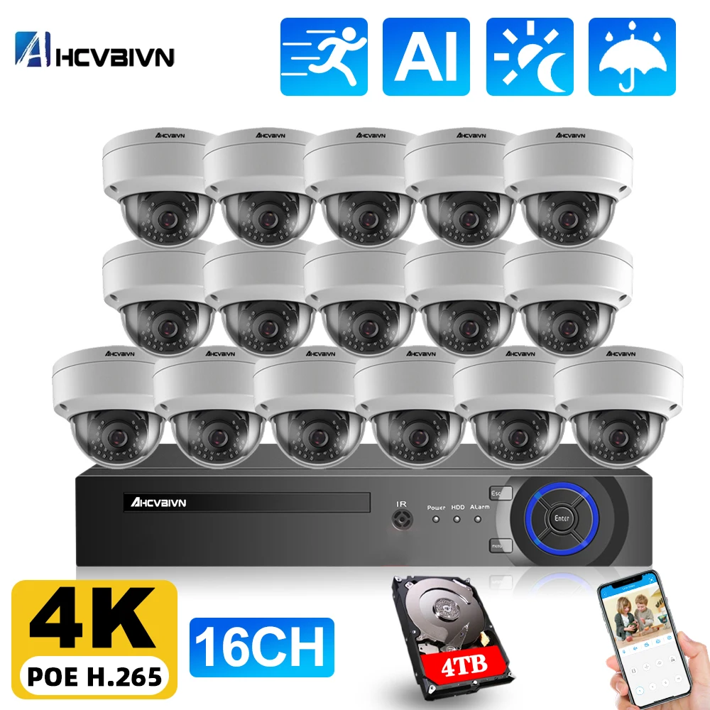 4K Ultra HD POE IP Dome Cameras 16CH POE NVR CCTV Security System 8MP Outdoor IP66 Explosion-proof Camera Video Surveillance Kit