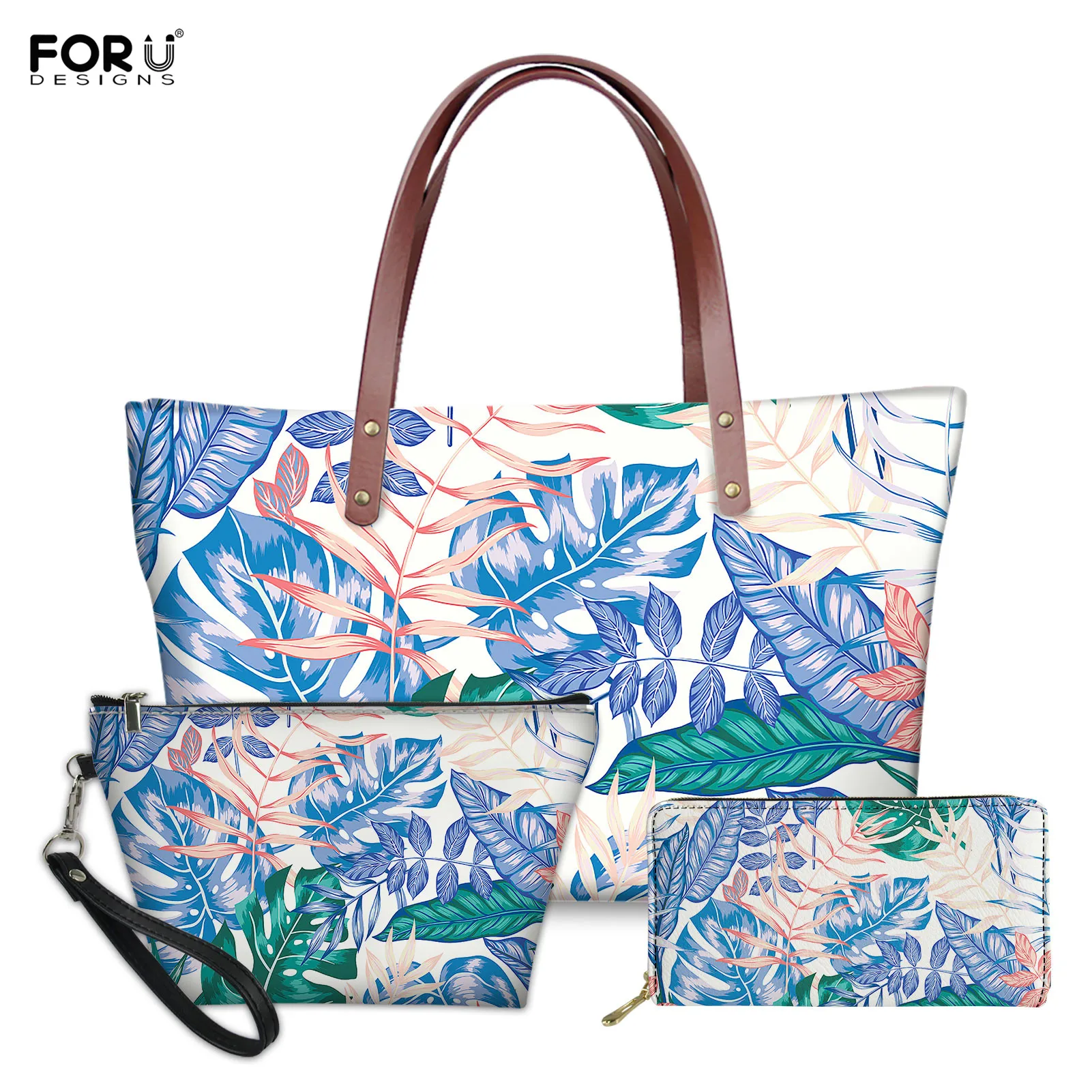 

FORUDESIGNS Women Shoulder Bags and Wallets Set Camphor Leaves Pattern Large Capacity Leather Purse Tote Travel Bag for Woman