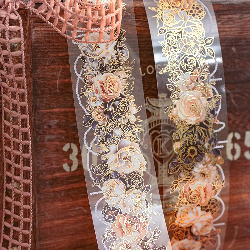 1 Rolle 2 m PET-Heißprägeband Retro Exquisites Rosenblütenband Landschaft Collagenmaterial DIY Fotorahmen Notizbuch Dekoration