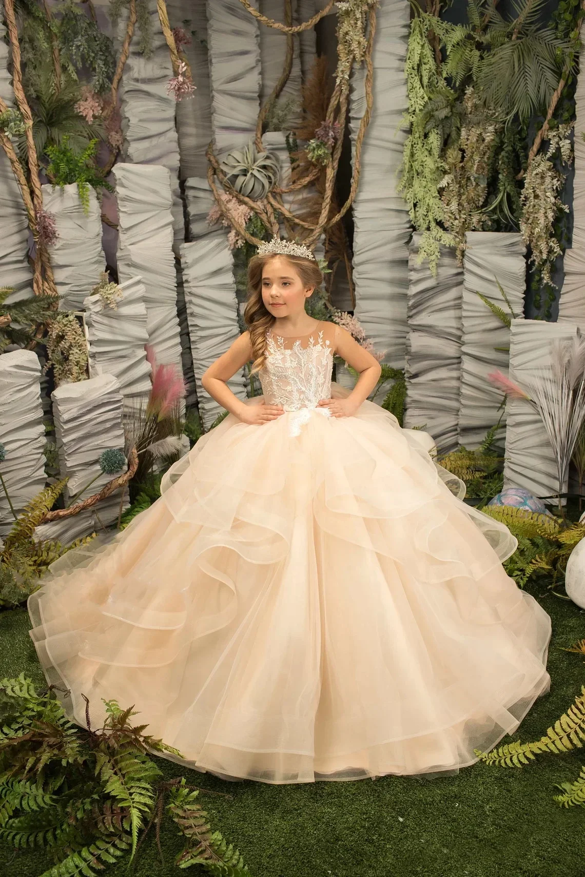 Vestidos de niña de flores color champán claro para bodas, apliques largos de tul, vestido de fiesta de cumpleaños de princesa, vestido de baile de noche Formal