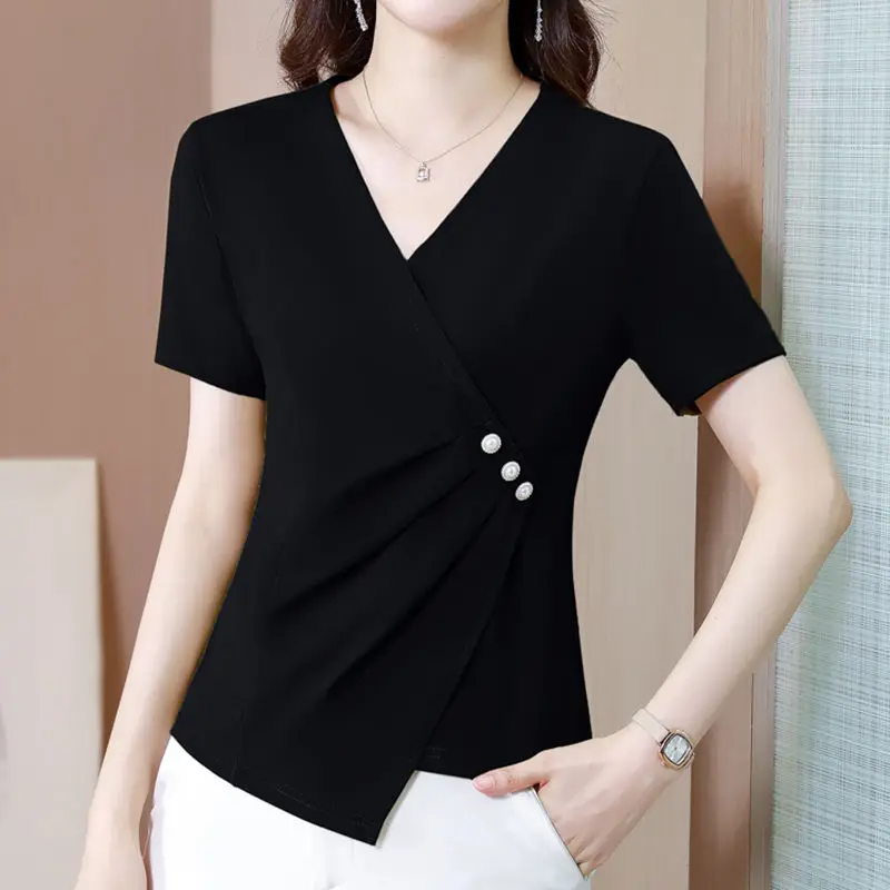 Summer Korean Fashion Simple Asymmetrical Versatile Short Sleeve T-shirt Women Solid Cross V-neck Beading Office Lady Cotton Top