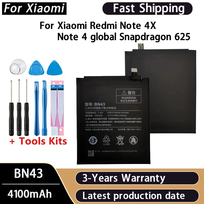 100% NEW 4100mAh BN43 Battery For Xiaomi Redmi Note 4X Note 4 global Snapdragon 625 Phone Batteries Bateria Batterij