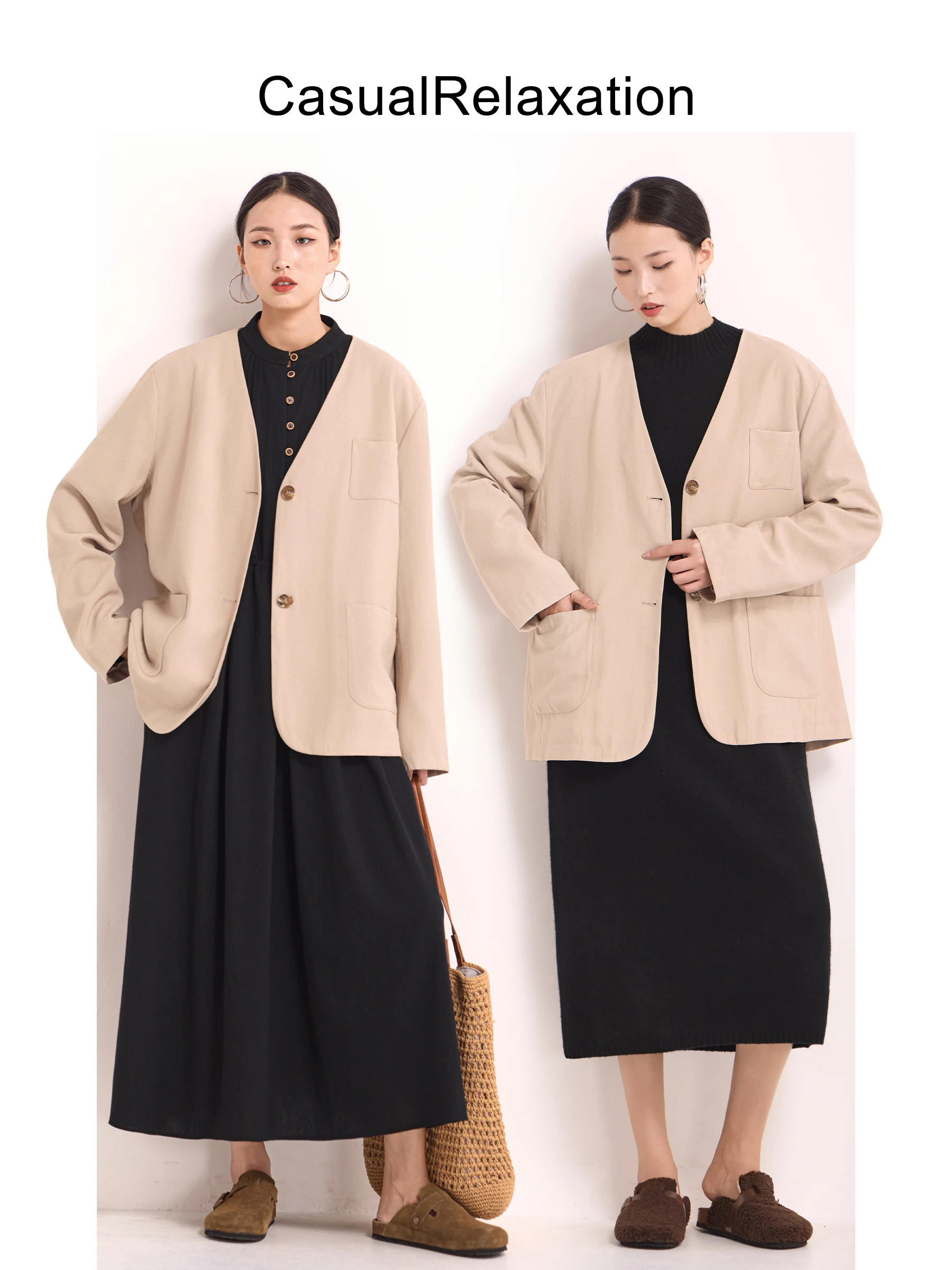 Jaqueta de Linho Feminina Casual com Decote em V para o Dia a Dia - Nova Coleção Primavera/Outono, Design Respirável e Manga Longa