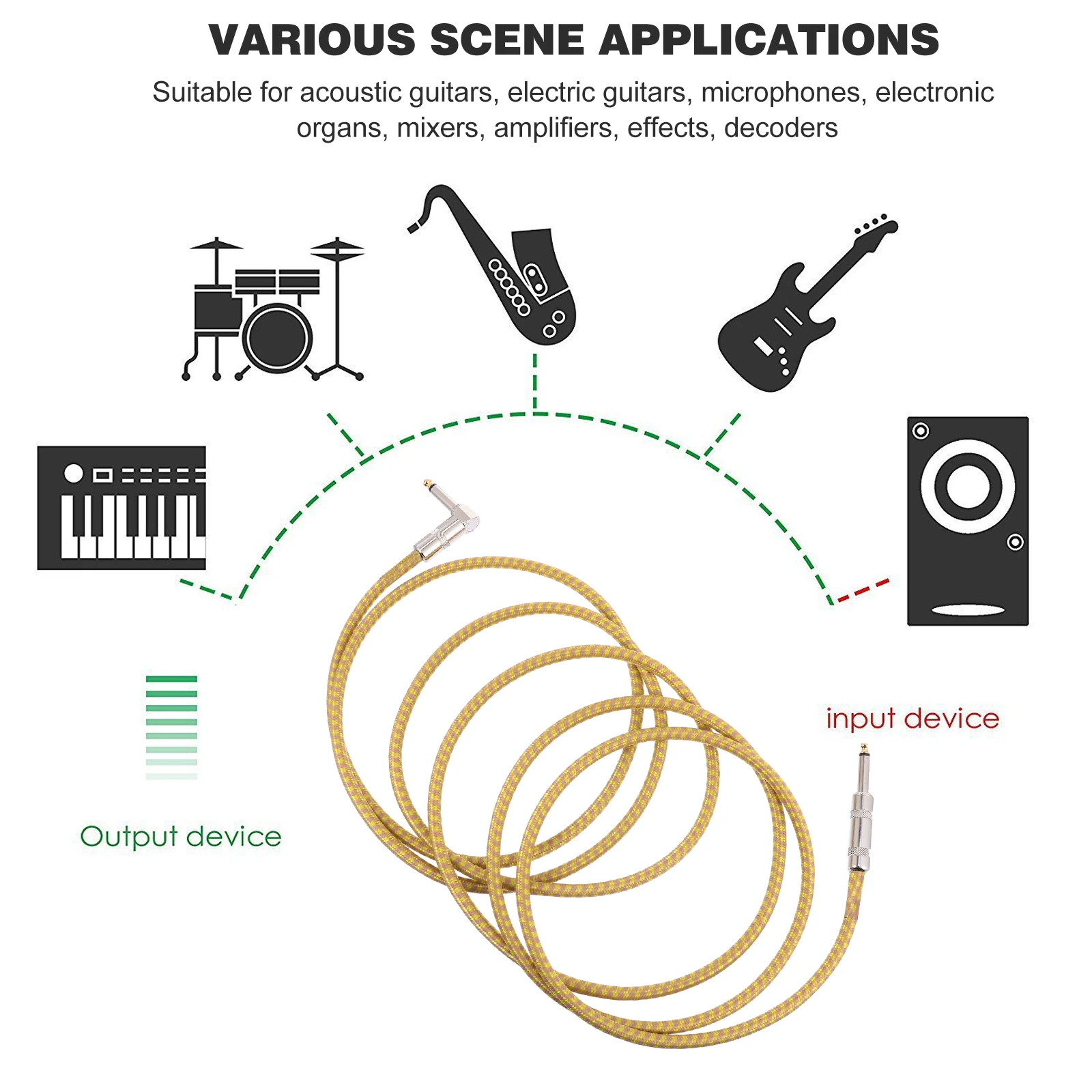 

High-Density Braided Shield Guitar Cable 6.35Mm Right Angle Instrument Cord For Electric Bass Ukulele Microphone Karaoke Speaker