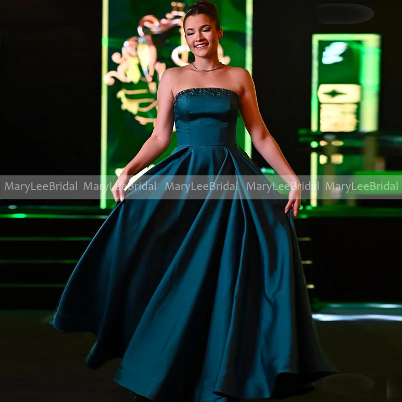 

Strapless Dark Teal Bridesmaid Dresses with Beads Full Length Satin A-line Wedding Party Dress Maid Of Honor Gowns Customized