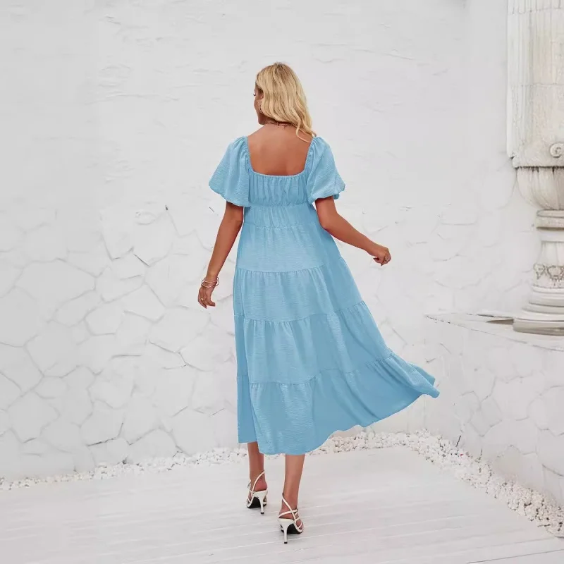 HMR-Summer Leisure Vacation Sundress, Square Collar, Puff Sleeve, High Waist Crimp, Elegant A Font Length, Sundress