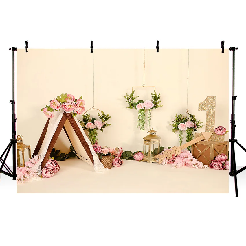 Mehofond – tente de Camping florale rose, flèche de fleurs, arrière-plan de photographie, décor de gâteau de 1er anniversaire pour fille, arrière-plan de Studio Photo