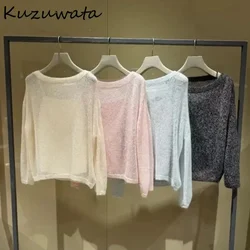 Kuzuwata Moda Loose O Neck Long Sleeve Soft Jumper Pullover Hollow Out Wool Sling Sweaters Japan All-match Simple Knit Knitted