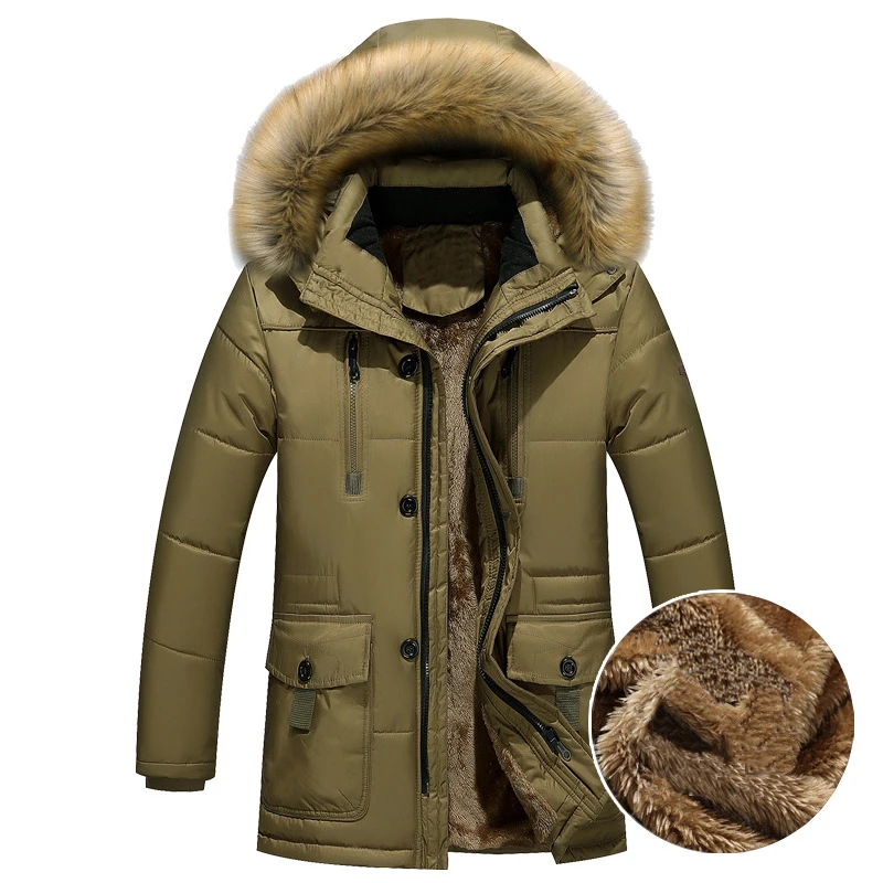 Dikke Warme Winter Parka Mannen Fleece Bont Kap Mannen Winterjas Jas Militaire Cargo Middellange Heren Overjas ABZ109