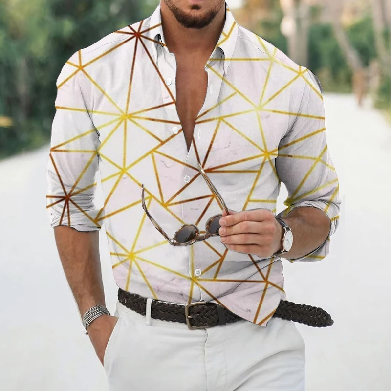 

Men's Slim Fit Geometric 3D Print Party Club Shirts Spring Autumn Men's Fashion Trend Long Sleeve Lapel Shirts