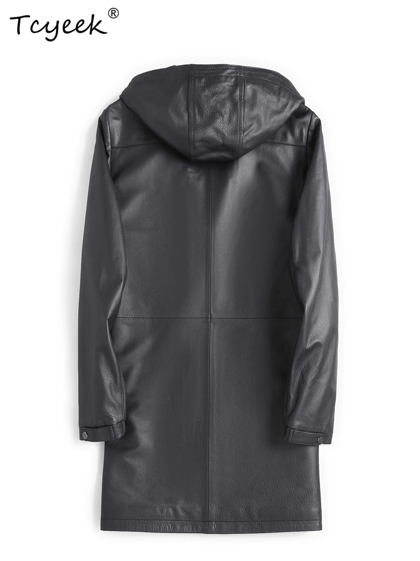 Tcyeek Calfskin Real Leather Jacket Men Clothing Mid-length Trench Coat Autumn Mens Coats Litchi Pattern Slim Fit Trendy جواكيت