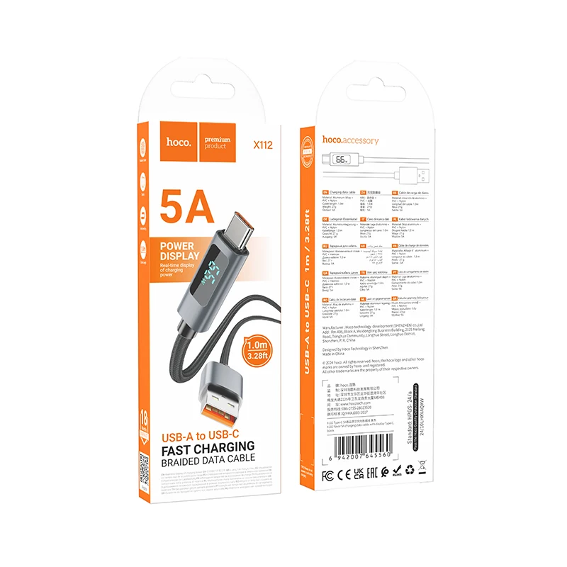 HOCO 5A USB A a tipo C Cable de carga rápida para teléfono iPhone 16/15 Pro Max pantalla Digital LED Cable de teléfono p