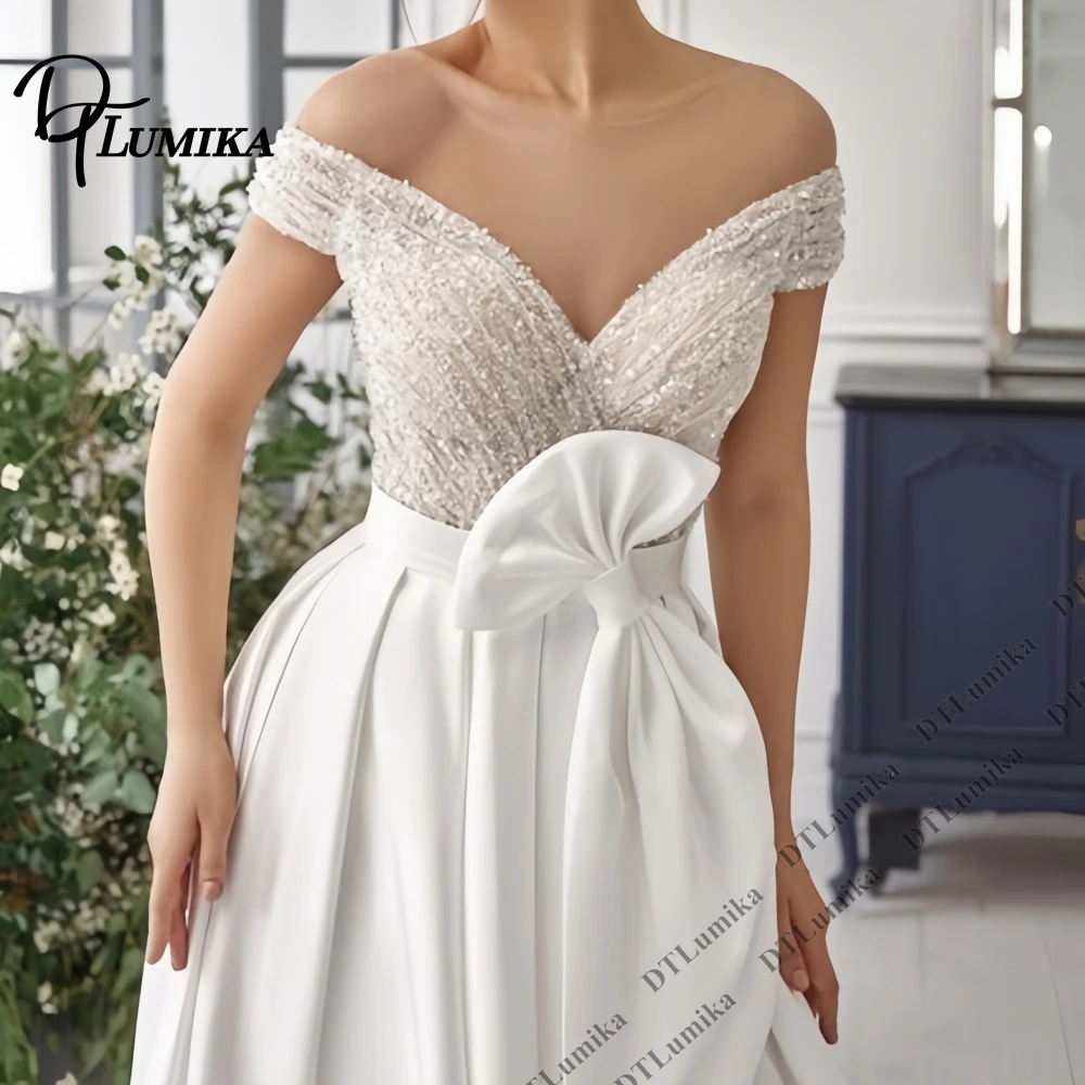 

DTLumika Customized Satin Bridal Gown Cap Sleeves Beading A Line Long Wedding Dresses Sheer Back Urban Bride Dresses Plus Size