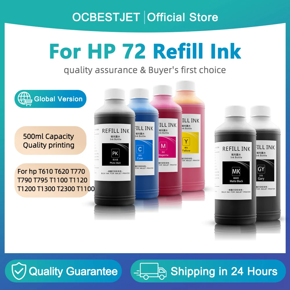 500ML Dye Ink For HP 72 Refill For hp T610 T620 T770 T790 T795 T1100 T1120 T1200 T1300 T2300 T1100 T1100PS T1120 T1120PS Printer