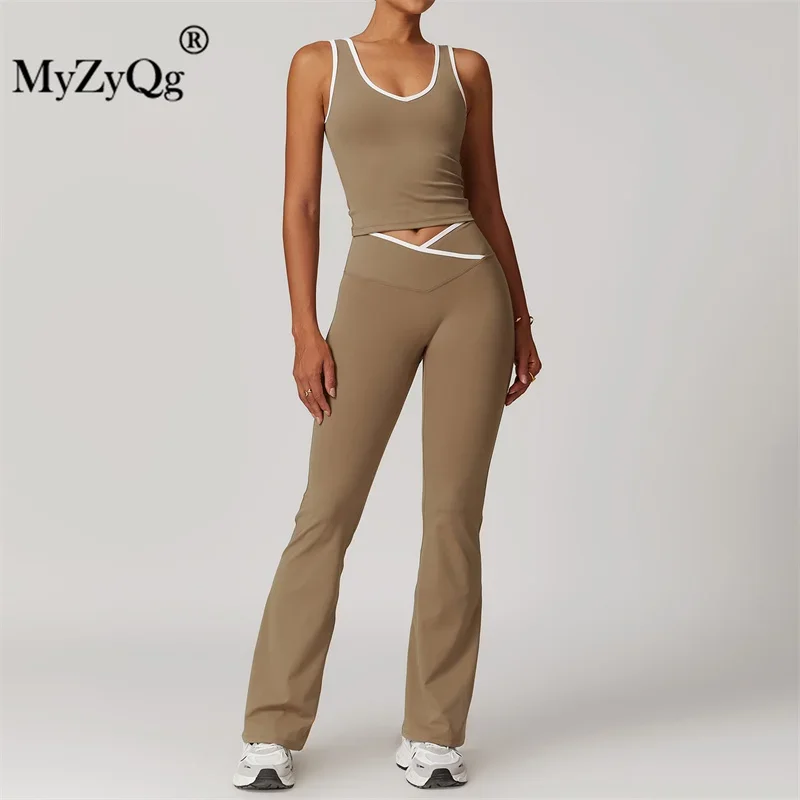 MyZyQg Crossover High Waist Exercise Yoga Vest Flared Pants Suit Women Clashing Color Backless Skinny Running Fitness Pant Set