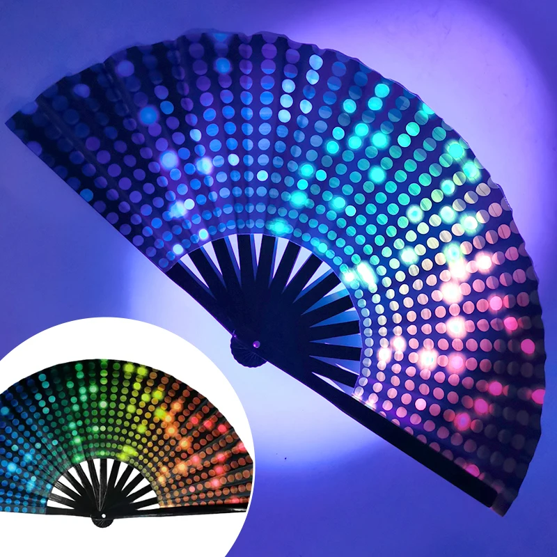 Creative Fluorescent Kung Fu Fan Foldable Festival Dancing Hand Fan Gradient Colorful Reflective Bamboo Bone Fan Bar Party Decor