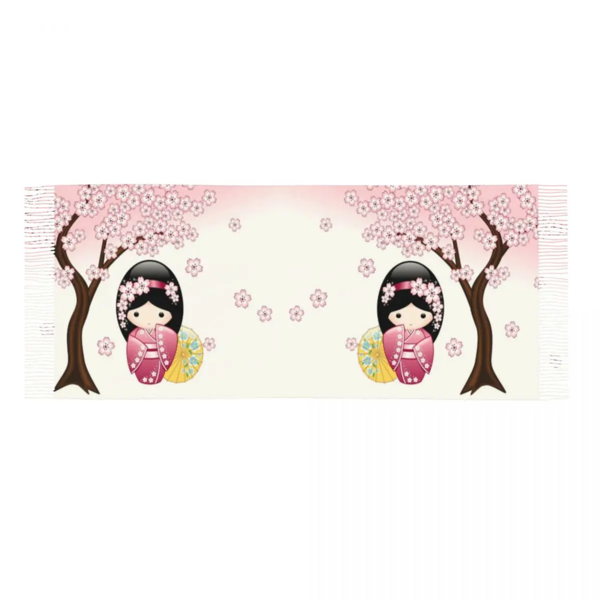 Kokeshi-bufanda japonesa de primavera para mujer, chal largo de invierno cálido con borlas, chal femenino bonito de flor de cerezo Sakura