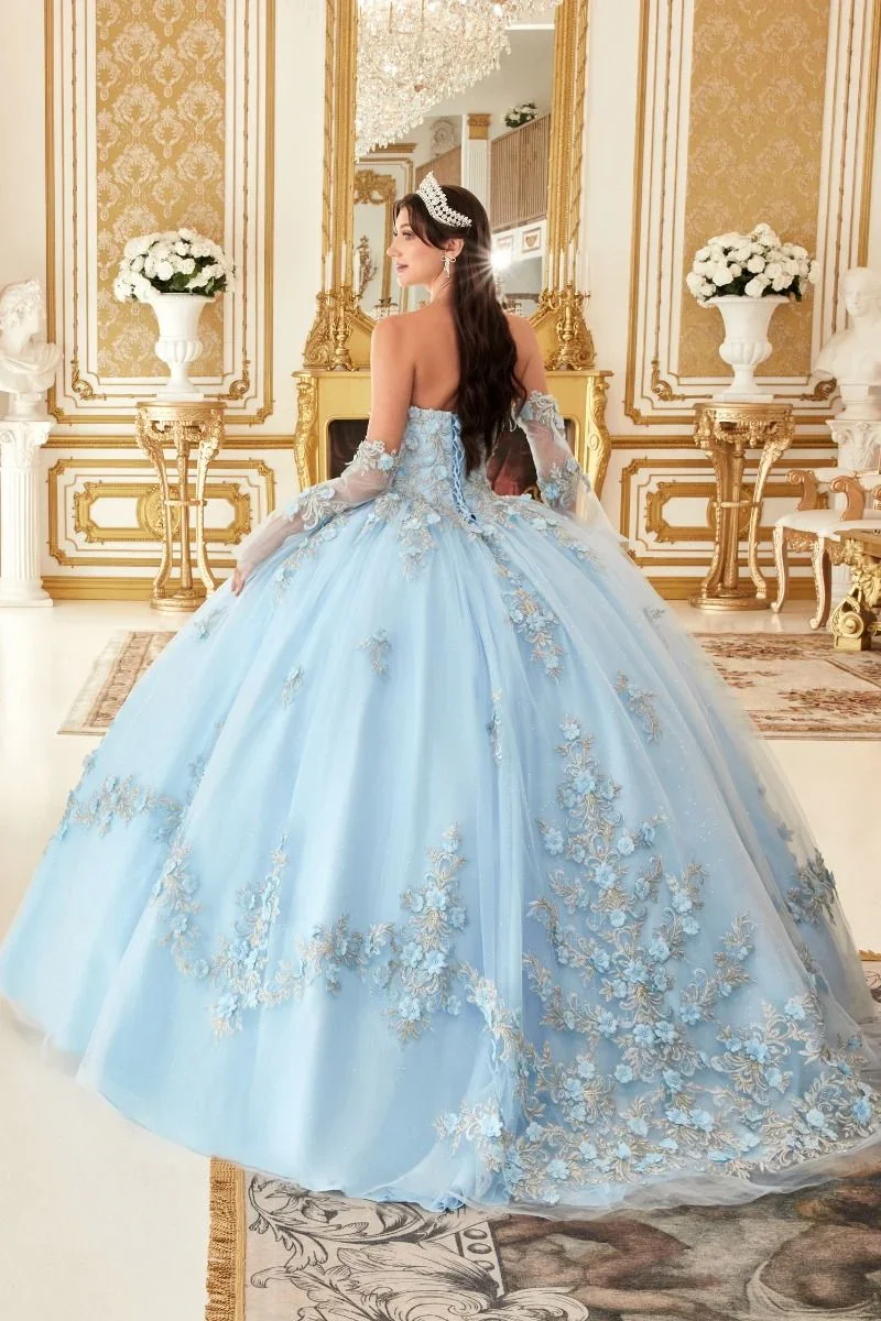 فستان Quinceanera الأزرق تول لامع ثلاثية الأبعاد مزين مشد مثير فيستدوس دي أنيق مسابقة الأميرة عيد ميلاد مساء الكرة ثوب