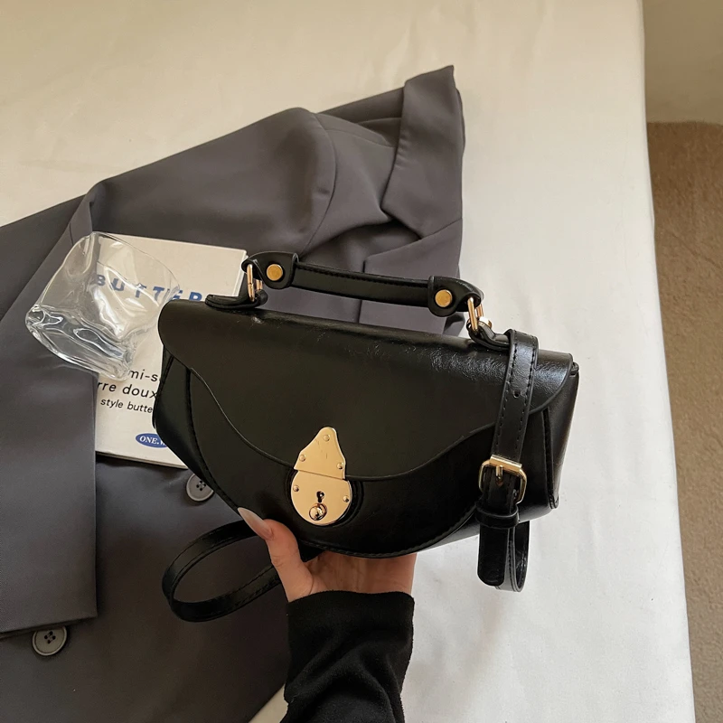 

Vintage Saddle Bag Women Color Block Leather Handbag Retro Lock Design Top Handle Crossbody Bag Casual Shoulder Purse For Daily