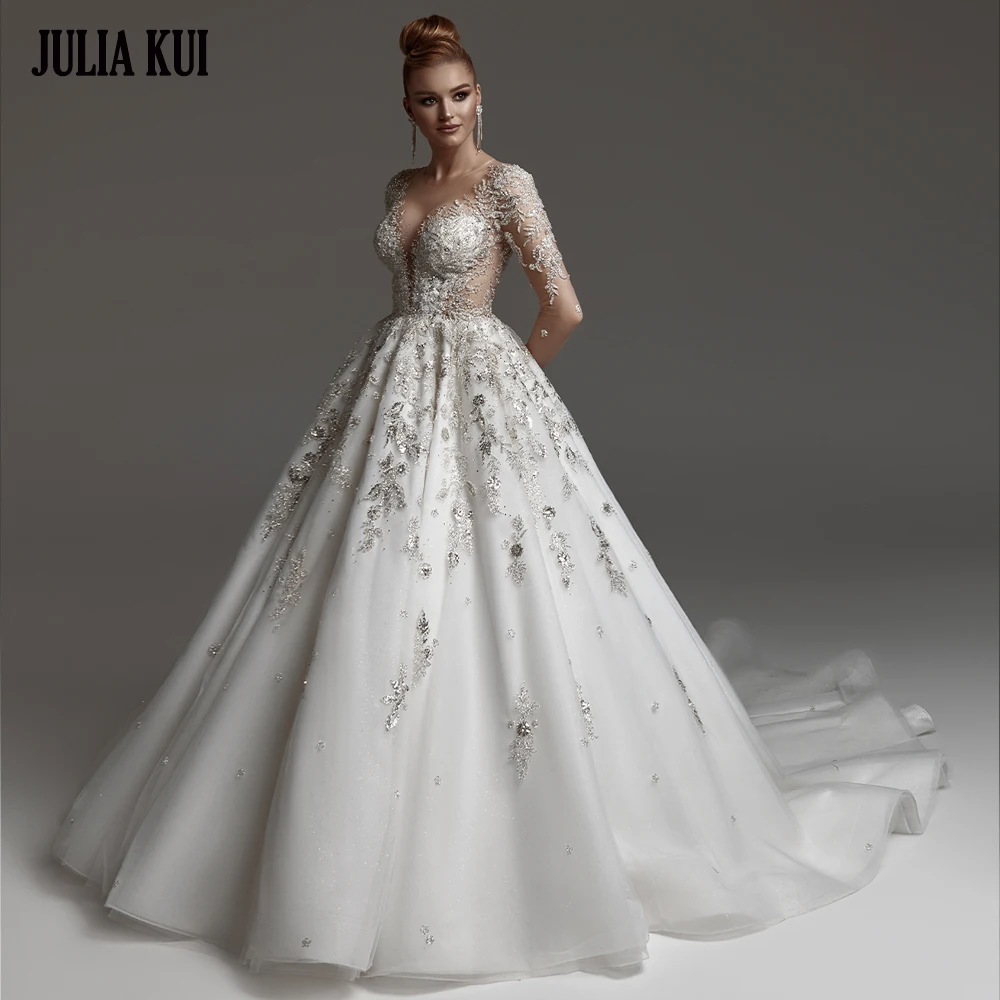 

Julia Kui Custom Made Luxurious Beading Embroidery Lace A-Line Wedding Dresses V-Neckline Full Sleeves Court Train Bridal Gowns