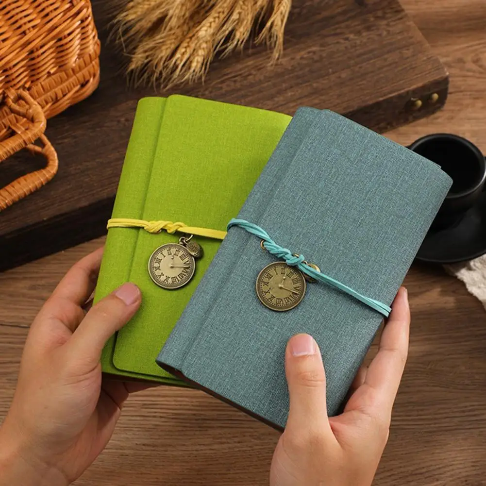 A6 Faux Leather Journal Notebook, 6 Ring Loose Leaf Binder with Retro Clock Pendant, 7 Inch Personal Planner for Travel Writing,
