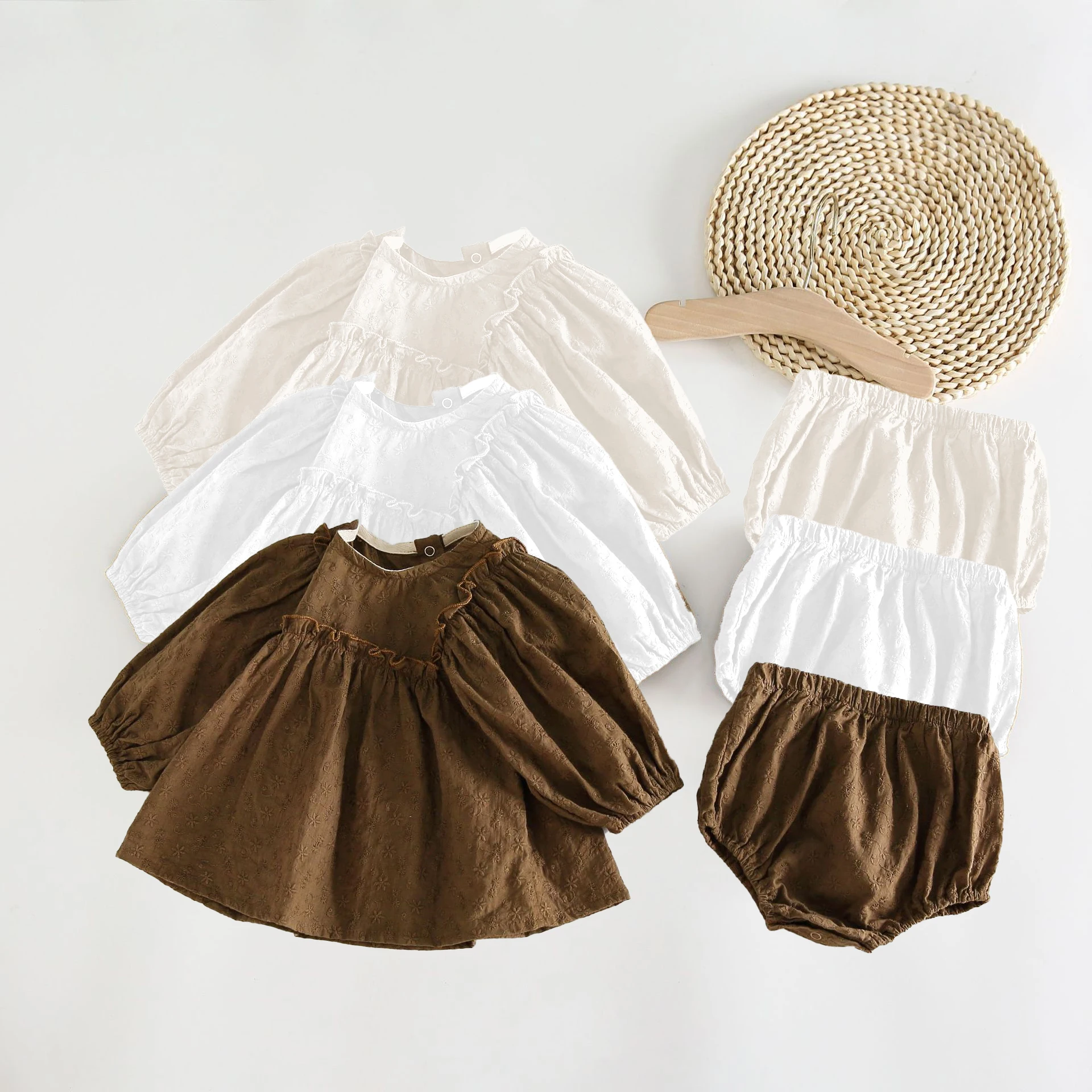 Baby Girls Lace Embroidery Clothing Sets Vintage Long Sleeve Lace Blouse+Bottom Shorts 2pcs Outfits for Toddler Spring Suits