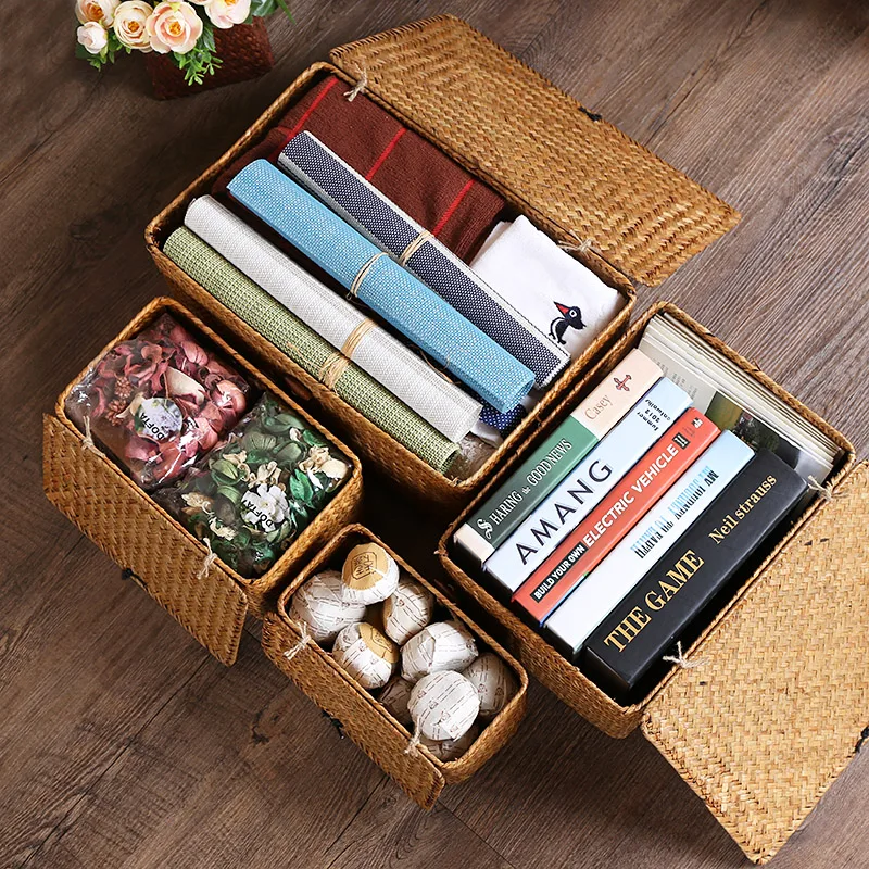 1PCS Manual Woven Storage Basket Lid Debris Consolidation Storage Box Storage Basket Sorting Box Jewelry Box