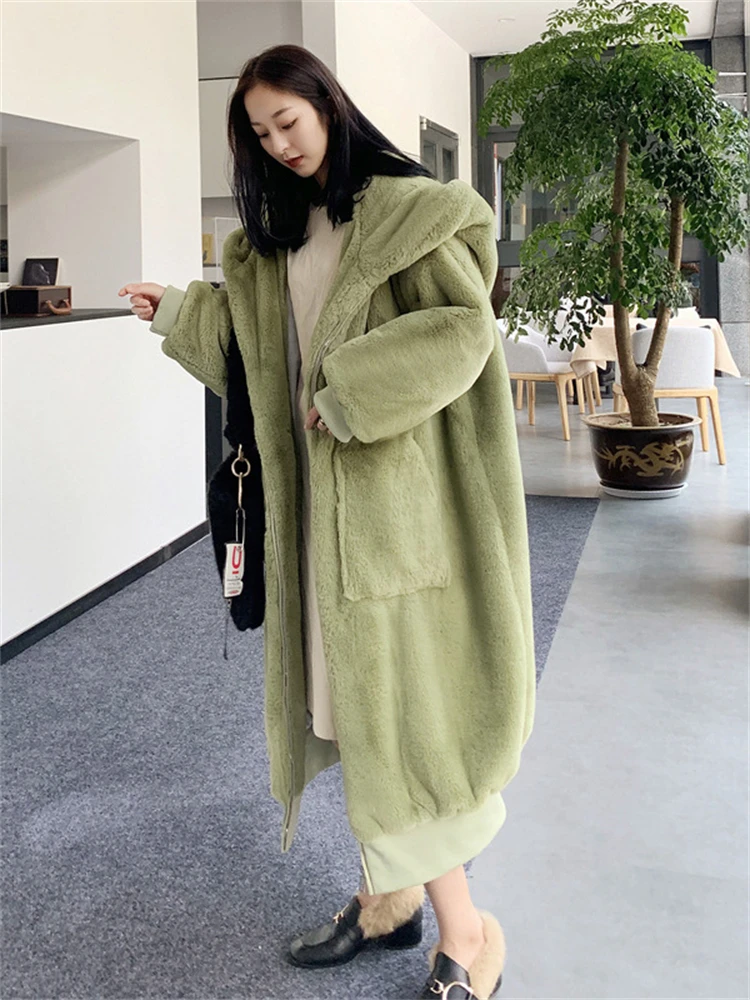 Hooded Thicken Faux Rabbit Fur Overcoats Korean Winter Warm Mid-length Coats High Quality Plush Chaquetas Women Furry Jackets