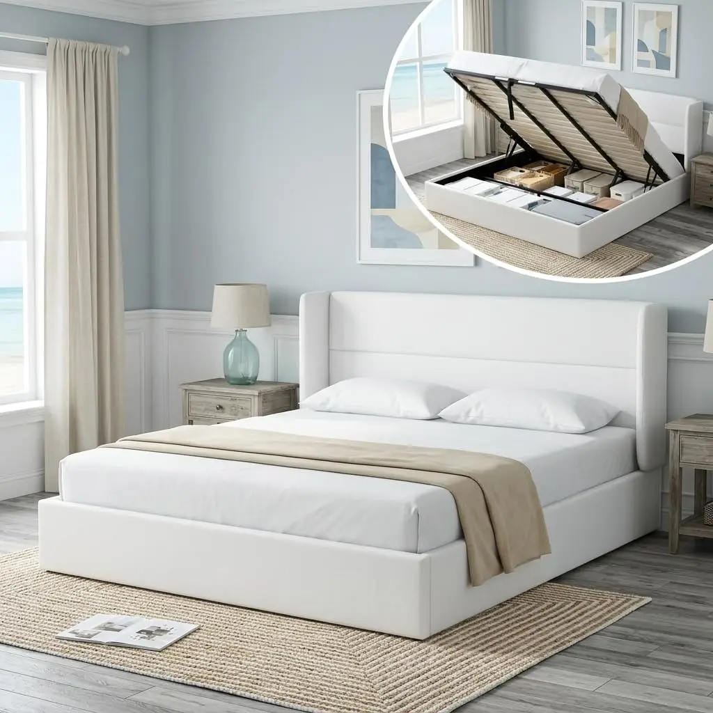 Wingback Upholstered Storage Bed Frame Lift Up Platform Modern Bedroom Cream, Customized