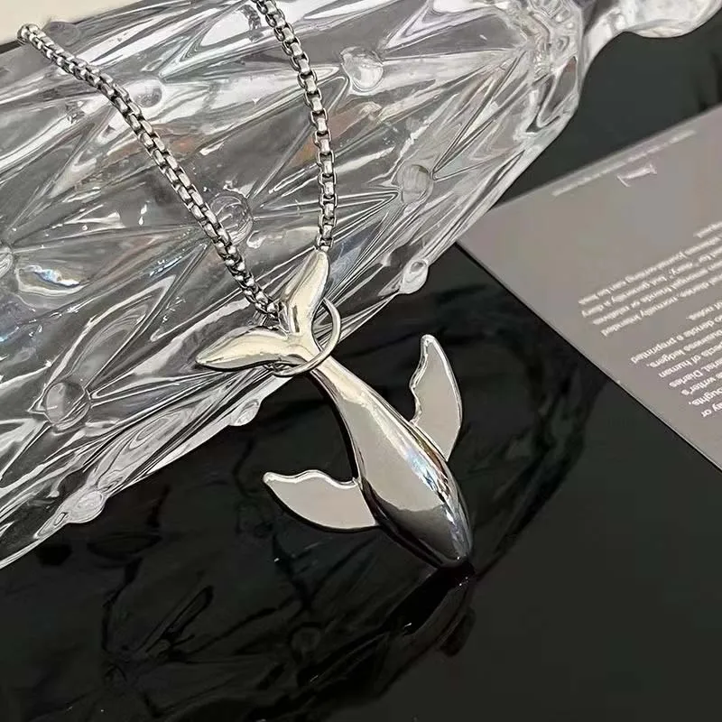 Stainless Steel Silver Color Whale Pendant Necklace for Men Women Fashion Metal Smooth Small Whale Long Sweater Chain