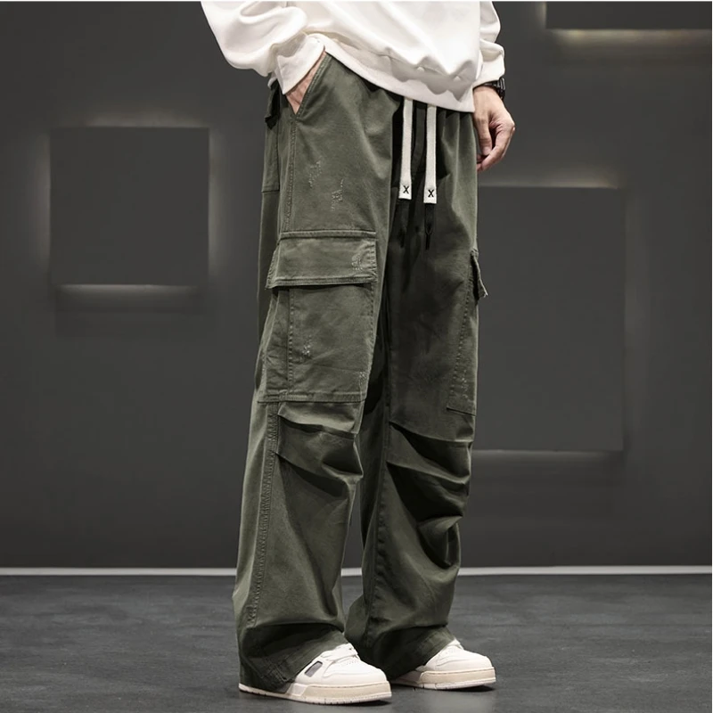 Autumn New Wide Leg Pocket Cargo Pants Men Trousers Neutral Loose Casual Cotton Straight Outdoor Fashion Pants Big Size 8xl