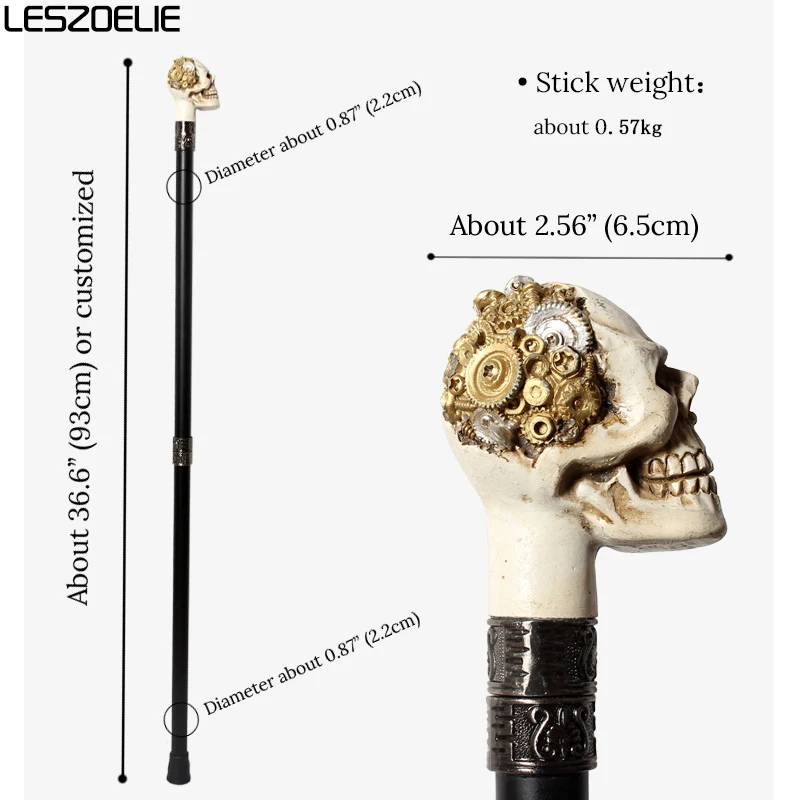 Tongkat Jalan Kepala Tengkorak Resin dengan Roda Gigi dan Sekrup Emas, Tongkat Steampunk untuk Cosplay Halloween, untuk Pria dan Wanita