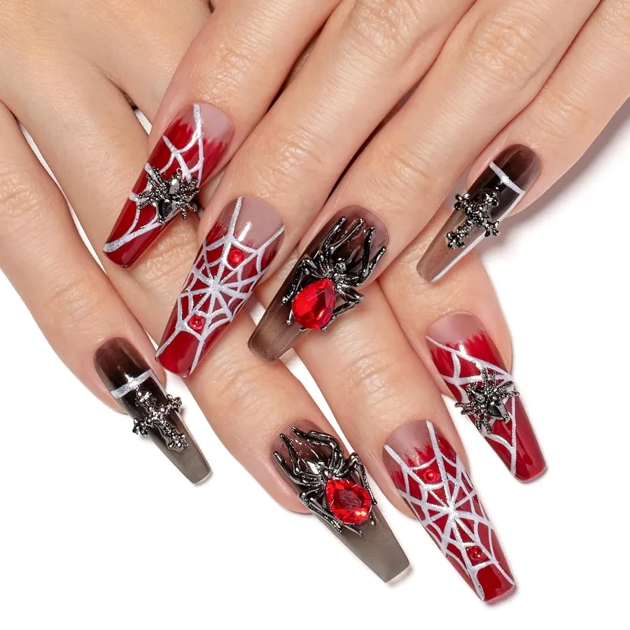

Beetles Press On Nails: Длинные накладные ногти ручной работы в виде гроба с 3D-дизайном страз-паука, акриловые ногти, паутина, полное покрытие