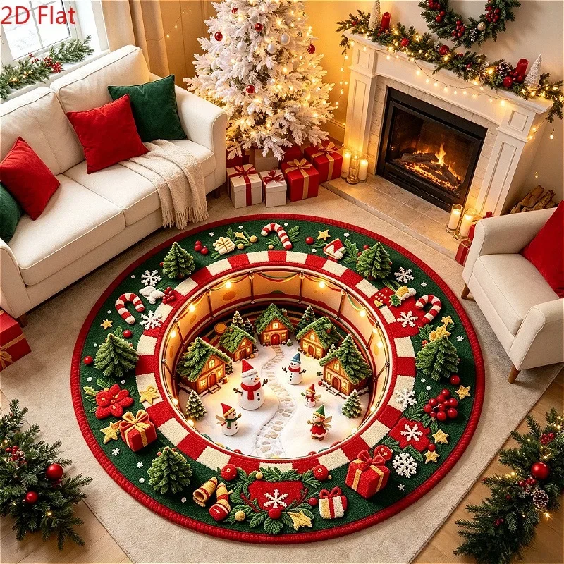 Circle Floor Blanket 2D Flat Christmas Flannel Carpet 3D Illusion Snow Village Miniature Soft Fluffy Cozy Living Room Sofa Rug