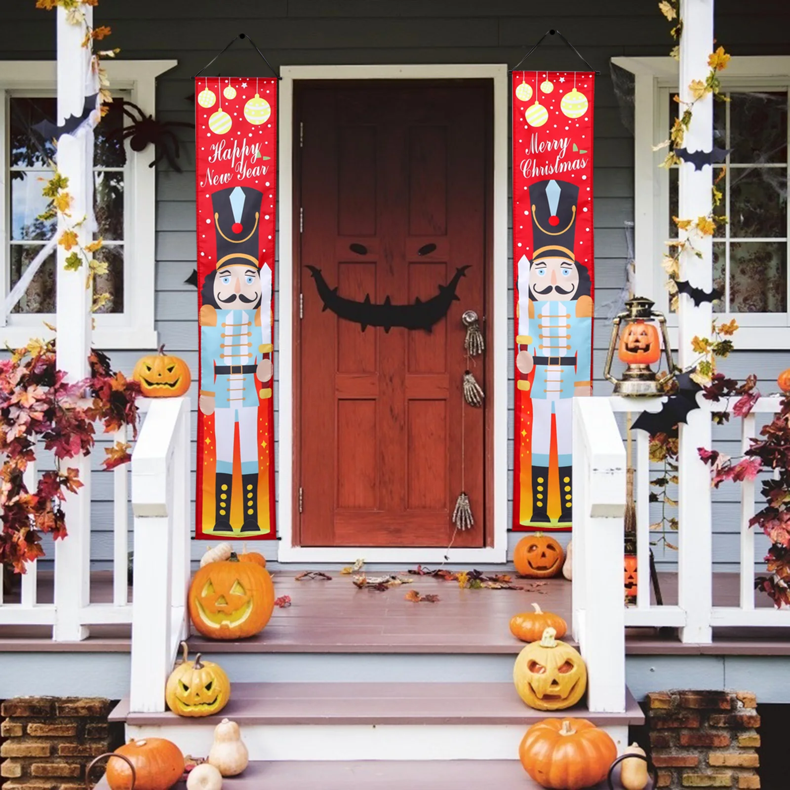 

1Pair Door Banner Christmas Theme Reusable Bright Color Front Door Porch Hanging Banner Holiday Party Couplet Ornament