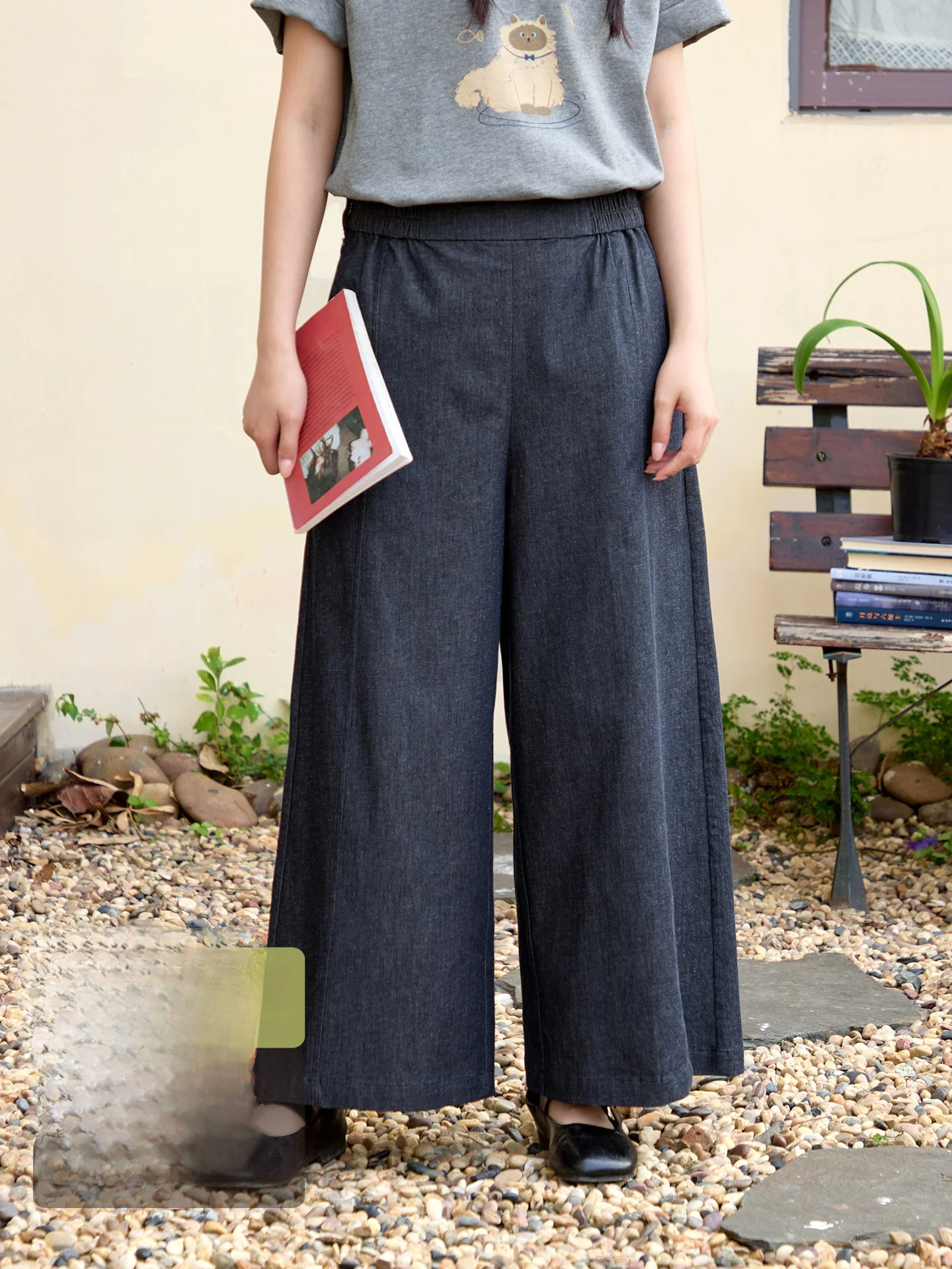 

Retro Blue Black Wide Leg Jeans Women's Summer Thin Elastic Waist Casual Pants Loose Fit Straight Cut Low Waist Ruffle Design