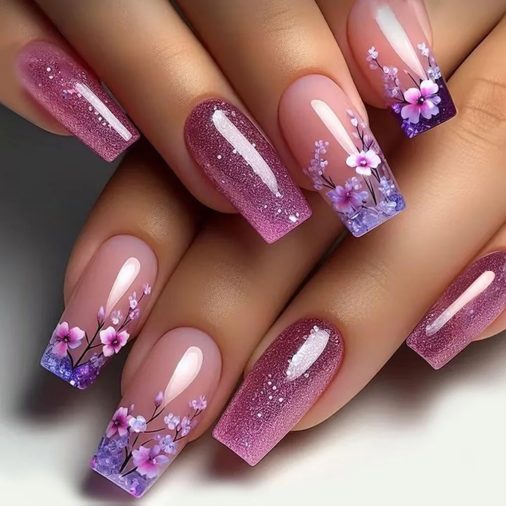 Purple Glossy Fake Nails with Floral Design Mid-length Ballet False Nail Fashion Purple Full Cover Manicure Tips Datachable